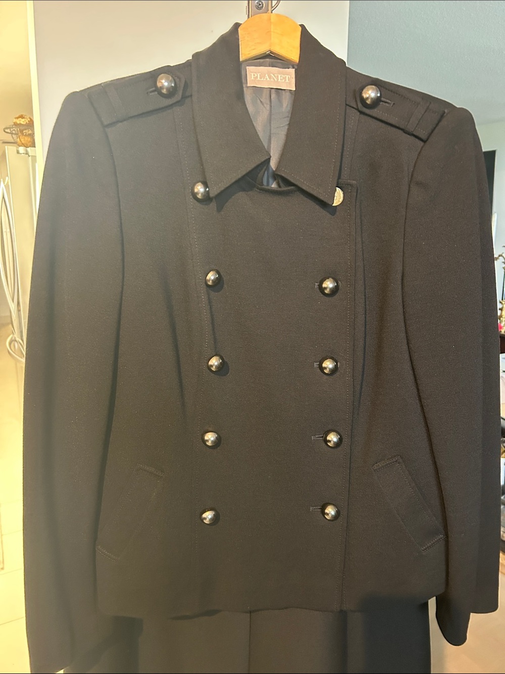 Planet Black Double-Breasted Military-Style wool black Blazer.